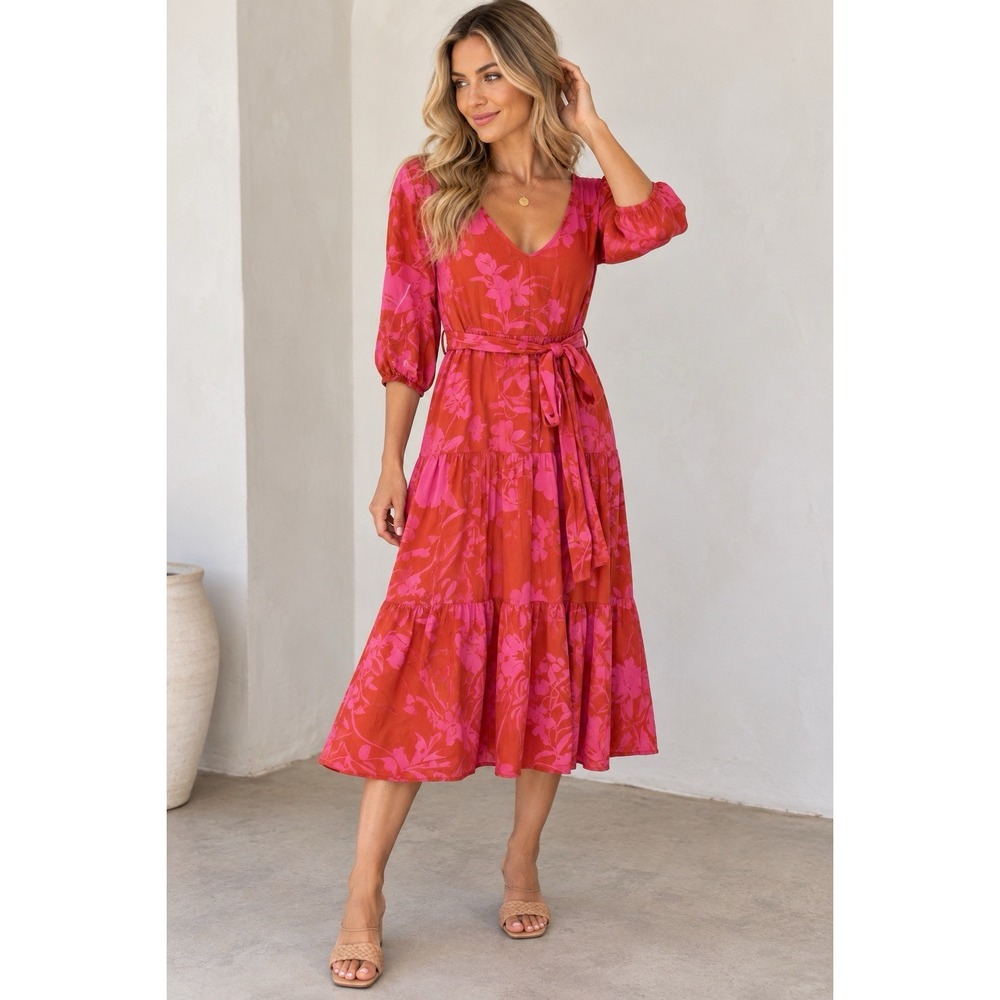 Petal & Pup Pink Red Floral Tiered Midi Dress V Neck Tie Waist Puff Sleeve